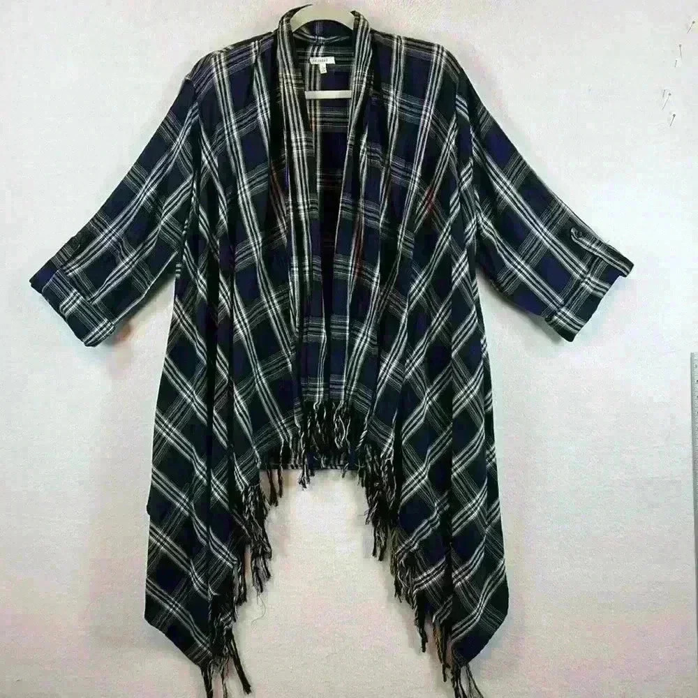En Crème Flannel Cardigan Women’s Large Asymmetrical with Fringe